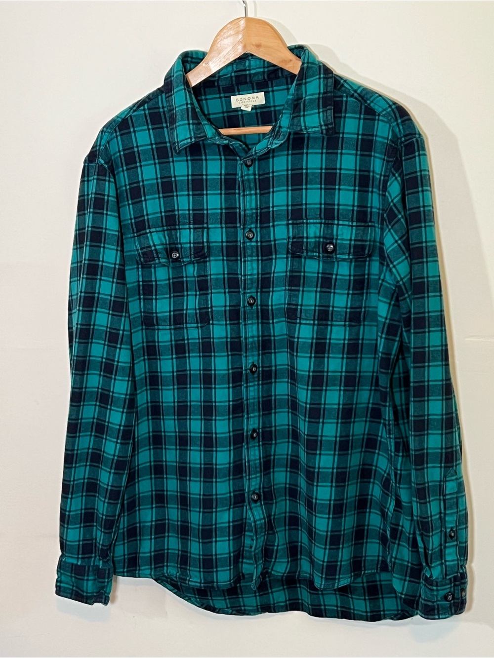 Sonoma Men’s Large Teal/Green Plaid Flannel Button Down Shirt Long Sleeve
